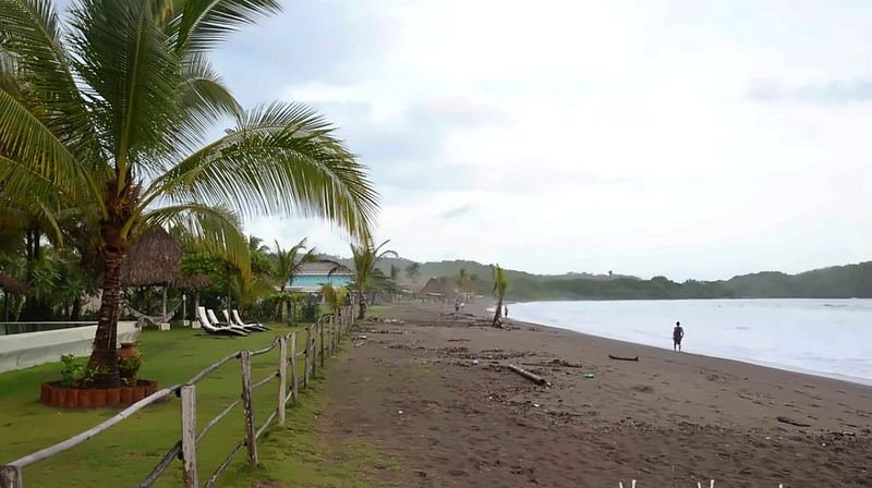 Palm-lined beach with thatched ranchos on the Azuero Peninsula