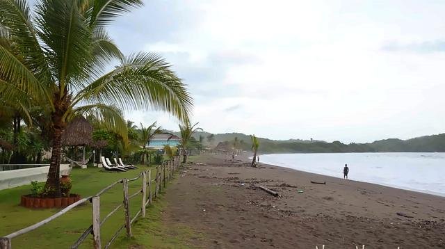 Palm-lined beach with thatched ranchos on the Azuero Peninsula